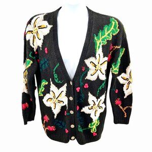 VINTAGE 80'S JENNIFER REED CONCEPT HAND KNIT CHRISTMAS HOLIDAY CARDIGAN SWEATER